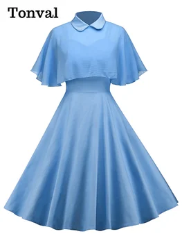 Tonval Zase Dole Golier Šifón Cape Vintage Dve Kus oblečenia Ženy 50. Elegantné Party Nosenie v Lete Riadok Midi Swing Šaty 0