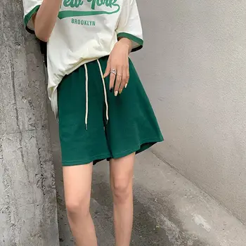 Kórejský Jednoduché jednofarebné Bežné Šortky Letné Módy Voľné Vintage Ženy Elastický Pás Lete Širokú nohu Skladaný Zelené šortky