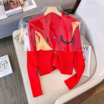 Elegantné Červené Pletené Vesty Ženy Krátke Sveter Kabát 2022 Dlhý Rukáv V Krku Crystal Singel Svojim Ostrihané Cardigan Svetre