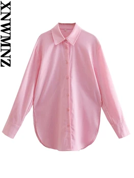 XNWMNZ lete žena módy Ružová nadrozmerné plátenná košeľa ženy vintage bežné dlhými rukávmi s golierom košele tlačidlo nahor, blúzky, top