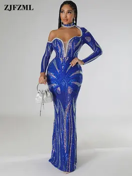 Nádherné Ženy Hot Vŕtať Kamienkami Diamond Dlho Strany Sequin Luxusné Šaty Jedno Rameno Dlhý Rukáv Večer Morská Víla Vestidos