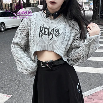 Harajuku Y2k Punk Rock Čierna Sivá Lettert Vytlačené Krátke Sveter dámske Dlhý Rukáv Gotický Streetwear O-krku Sveter Knitwear 0