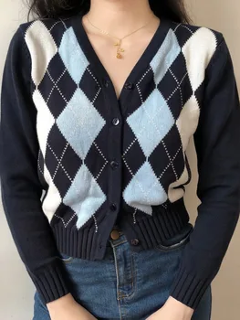 Vintage Geometrické Rhombic Cardigan Sveter Ženy Dlhý Rukáv Vrchné Oblečenie Nové Jeseň V Zime Teplé Elegantného Tvaru Elegantný Tenký Úplet, Topy 0