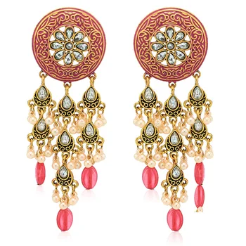 2021 In Indian Jhumki Jhumka Ručné Korálky Embossment Kvet Ružový Smalt Piercing Bohemia Vintage Náušnice Ženy Strany Šperky