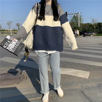 Japonský Pruhované Farby-Blokovanie Pletený Sveter Ženy Oblečenie 2020 Kórejský Módne Vintage Pulóver Zimné Goth Estetické Jumper 0