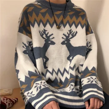 Zimné dámske Nadrozmerná Sweater Vianočný Kawaii Ženy Pulovers Voľné O-Krku Bežné Sveter kórejský Pár Oblečenie Dlhý Rukáv Top 0