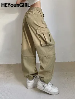 HEYounGIRL Zips Dizajn Khaki Cargo Nohavice kórejský Módne Ženy Techwear Vysoký Pás Tepláky S Vreckami Hip Hop Nohavice 90. rokov