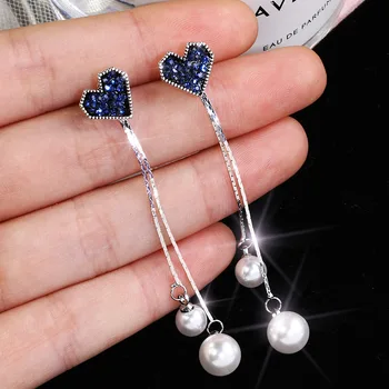 Kórejský Pearl Modré Crystal Láska Srdce Strapec Dlhé Náušnice Kvapka pre Ženy Módne Náušnice Kvapka Kúzlo Luxusné Šperky Pendientes