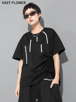Ženy, Čierna Vintage Prekladané Nepravidelný T-shirt Nové Šnúrkou Krátky Rukáv Voľné Bežné Tričko Top Módne Oblečenie v Lete roku 2022