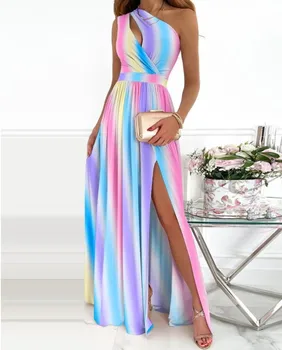 Rainbow, Šaty Dámske Mimo Ramenný Vysoká Rozdeliť Šaty Žien Vytlačené Maxi Party Šaty 2022 Voľné Letné Dlhé Šaty