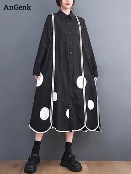 Čierna Vintage Polka Dot Tlač Tričko Šaty Pre Ženy Dlhý Rukáv Voľné Bežné Jarné, Jesenné Módne Šaty Elegantné Oblečenie 2022