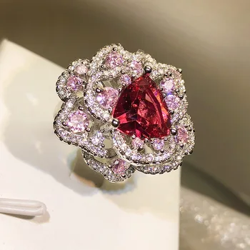 2022 NOVÉ Módne Dva-Colorpink Ruby Ľadový Kvet Rez Otvorte Nastaviteľné Pár Krúžok Pre Ženy Plné Diamantové Výročie Darček Šperky