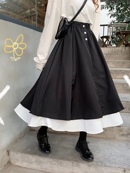 HOUZHOU Black Polovici Teľa Sukne pre Ženy 2022 Lete Bežné Elegantné Vintage Sukne Patchwork Harajuku High Street Ženské Oblečenie