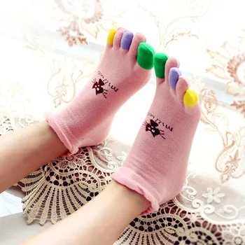 3 Páry Päť Prstov Ponožky Žena Bavlna Krátkej Trubice Tenké Mix Farieb 5 Prst Sladké Ženy Prst Ponožky So Samostatnými Prsty Mačka