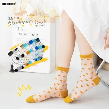 5 Párov Lete Ženy Sexy Harajuku Čipky Dot Sklo, Hodváb Ponožky Zmiešaných Vlákien Transparentné Úsek Pružnosť Módne Crystal Ponožky