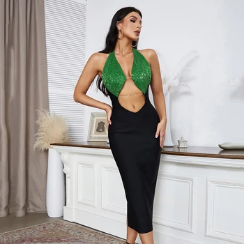 Ženy Bodycon Obväzy Šaty 2022 Nové Sexy Flitrami Patchwork Duté Von Oblečenie Klubu Strany Midi Šaty