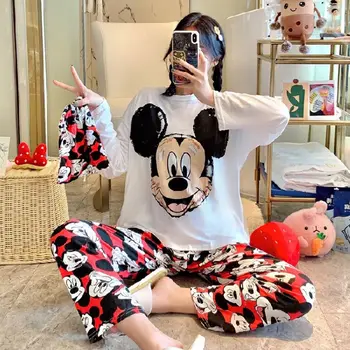 Disney Mickey Mouse dámske Pyžamo Cartoon Dlho Puzdre Sleepwear Nohavíc Vyhovovali Bežné Odev Pijama Feminino Domov Oblek 0
