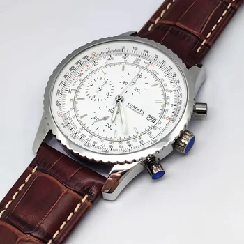 Corgeut chronograf pánske náramkové hodinky 45mm, kožený remienok biely ciferník Beží sekúnd quartz hodinky W2870