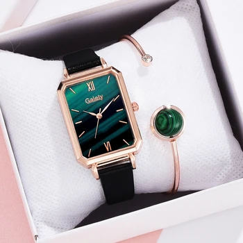 2KS /Set Módy Zelené Námestie Dial Kožený Opasok Quartz Hodiny Dámske Náramkové hodinky Žena Elegantný Náramok Hodiniek Nastaviť Reloj Mujer 0