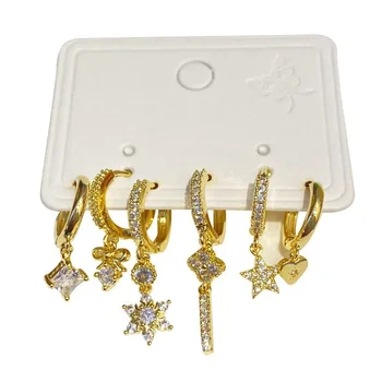 Kórejský Módne Náušnice Oblek pre Ženy, Zlatá Farba Star Srdce Cubic Zirconia Visieť Ucho Obruče Snowflake Šperky Veľkoobchod KCE178