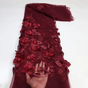 Africké Ťažké Korálkové Čipky Červené Víno Textílie Pre Svadobné Šaty Šiť 2022 Vysokej Kvality 5Yards 3D Kvet Nášivka Nigéria Tylu Textílie