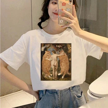 Olejomaľba Cat Graphic T Shirt Ženy Ullzang Roztomilý Estetické T-shirt Nadrozmerné Legrační Karikatúra T Shirt Mačky Mňau Top Tee Žena
