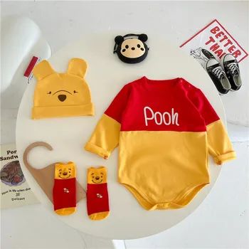 Zadarmo klobúky, 0-2 rok staré detské oblečenie, na jar a na jeseň trojuholník taška prd romper, cartoon žltá medveď, česanej bavlny romper