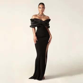 Čierne Jednoduché Elegantné Morská Víla Večerné Šaty Saténové Skladaný Mimo Ramenný Split Ženy Formálny Ples Sprievod Šaty Na Zákazku