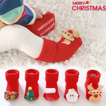 Novorodenca Vianočné Poschodí Ponožky Roztomilý Elk Santa Claus Vianočný Stromček Batoľa Ponožky Hrubé Teplé Anti-slip Ponožky pre Chlapcov, Dievčatá 0