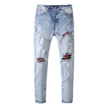 Nové letné pánske džínsy muž farbu svetla high street slim rovno otvor patch roztrhlo strečové džínsy slim džínsové nohavice-jeans pre mužov