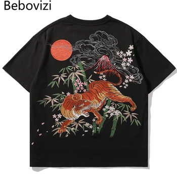 Hip Hop Japonský Štýl Tigra Borovicového Lesa Výšivky Tričko Fashion Vintage Streetwear Tričko Mužov Bežné Krátke Sleeve T-Shirt