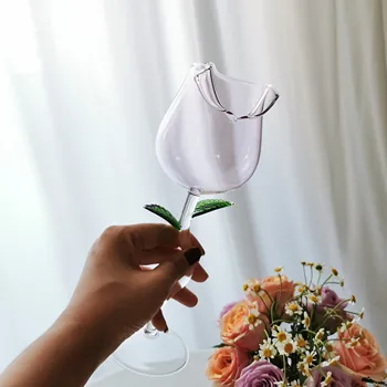 1 ks 260ml Jasné/Pink Rose Tvar poháre na Víno s Zelené Listy Sklenených Pohárov Darček pre Milovníkov Svadby Valentína Tabuľka Dekor