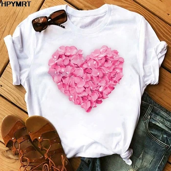 Ružové Srdce Kvetina Tlače Ženy T-Shirt Bežné Biele Topy Lete Krátky Rukáv Ženy Tričko Kawaii Lásku Tlač Žena Tees oblečenie 0
