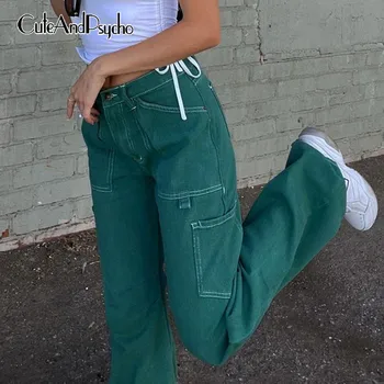 Streetwear Joggers Rovné Džínsy Ženy Bežné Vysoký V Strede Zúžený Roztomilý Vrecká, Nohavice Módne Zelená Denim Tepláky Cuteandpsycho 0