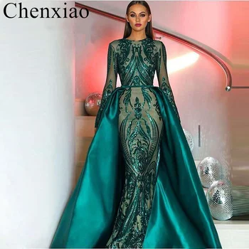Chenxiao Zelená Dlhý Rukáv Večerné Šaty Elegantné Moslimských Odnímateľný Vlak Sequin Bling Marocký Kaftan Formálnej Strany Šaty