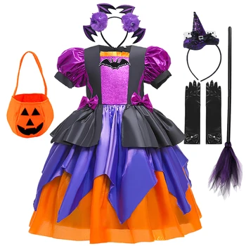 2022 Deti Halloween Cosplay Upír Šaty S Tekvicové Taška Dievčatá Čarodejnice Šaty Plesové Šaty, Detský Župan Oblečenie 0