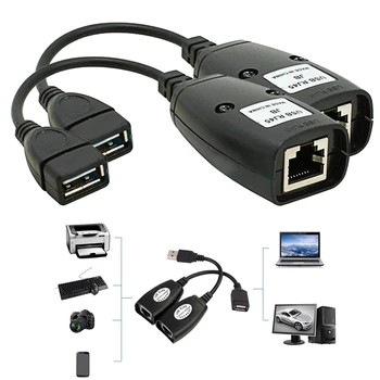 Elisona 2ks USB na RJ45 konektor RJ 45 LAN Kábel Predlžovací Adaptér Extender Cez RJ45 Cat5 Cat6 Patch Kábel Čierne Sieťové Príslušenstvo