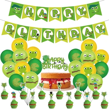 Roztomilý Žaba Téma Narodeniny Balón Set so Zelenou Vlajkou a Tortu Vňaťou pre Deti Narodeninovej Party Pozadí Dekorácie