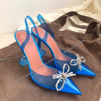 Abesire Blue Clear PVC Sandále Crystal Luk Uzol Dekor Ukázal Prst Ženy Bodce Vysoké Podpätky Zadný Popruh Svadobné Topánky na Podpätkoch