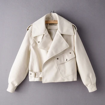 móda bežné ženy PU kožené bundy 2020 jar elegantné biele dámske kabáty streatwear lístkového rukáv žena bunda dievčatá kabát