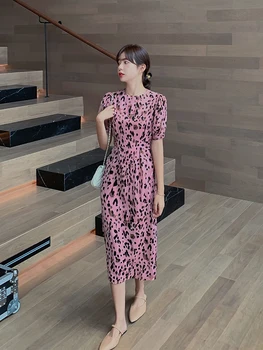 Ženy Dlhé Ružové Šifón Leopard Šaty Letné 2022 Dráhy Slim Kórejskej Strany Noc Šaty Bežné Dovolenku Elegantné Šaty Žena