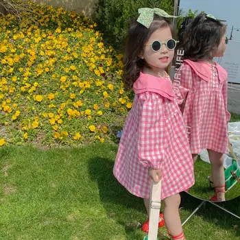 Deti Oblečenie Nové 2023 Jar a na Jeseň kórejský Štýl Holka Kockované Šaty Módne Ružová Sladká Princezná Šaty pre Dievčatá