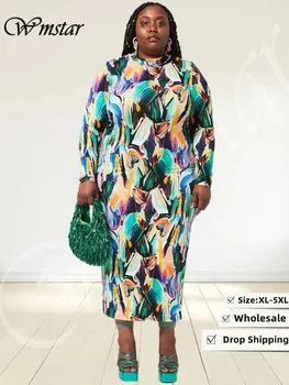 Wmstar Plus Veľkosť Ženy Oblečenie Šaty Nové Tlačené Dlhý Rukáv Bodycon Elegantné Bežné Maxi Šaty Veľkoobchod Dropshipping 2022 0