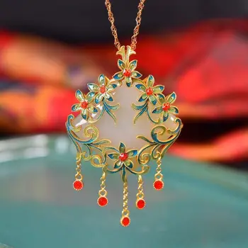 Antické zlato vyhotovením vykladané prírodné Hetian Yunan červený turmalín kvet strapec náhrdelník s príveskom, nádherné šperky