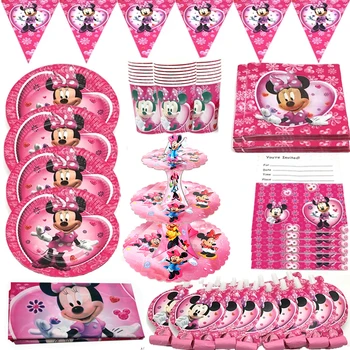 Minnie Mouse Strana Navrhne Jednorázový Riad Nastaviť Papier Pohár Doska Obrus Balóny, Dekorácie Baby Sprcha Darčekové Tašky
