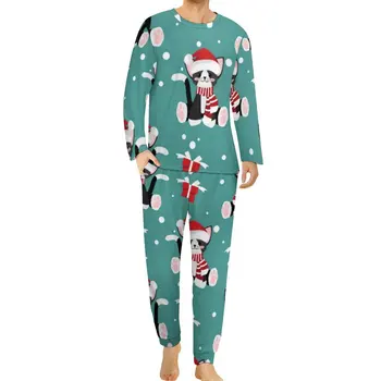 Roztomilé Vianoce Mačka Pyžamo Jeseň Zviera Tlače Bežné Sleepwear Mens 2 Kusy Vlastné Dlhý Rukáv Retro Nadrozmerné Pajama Sady