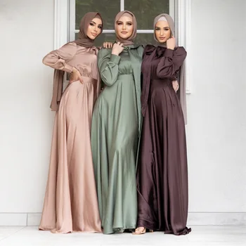 Moslimské Módne Abaya Ženy Šaty Veľké Lem Satin Luxusné Hodvábne Šaty pre Dámy Tradičný Festival Oblečenie Islamské Oblečenie