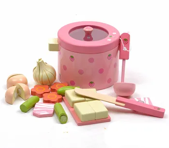 [Zábavné] Play dom hračka Simulácia Zeleniny Hot Pot Drevené Hračky kuchyni variť Prentend Hrať Potraviny Tofu Nôž Pan Nastaviť Darček k Narodeninám