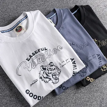 Letné Americký Retro Krátky Rukáv O-krku Tiger Vytlačené T-shirt pánske Módne 100% Bavlna Prať Staré Voľné Pár Bežné Topy