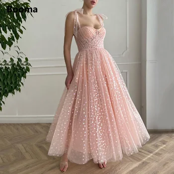 Booma Blush Pink Výdatné Večerné Šaty 2022 Špagety Popruhy Midi Prom Šaty s Vreckami Čaj-Dĺžka Svadobné Party Šaty